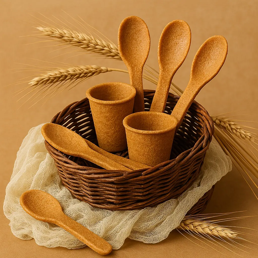 Snaxtic edible spoons and cups in a basket