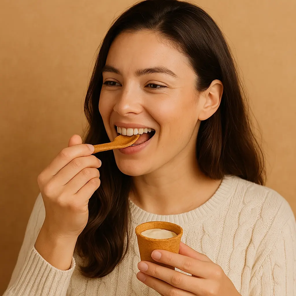 Someone eating with a Snaxtic edible spoon